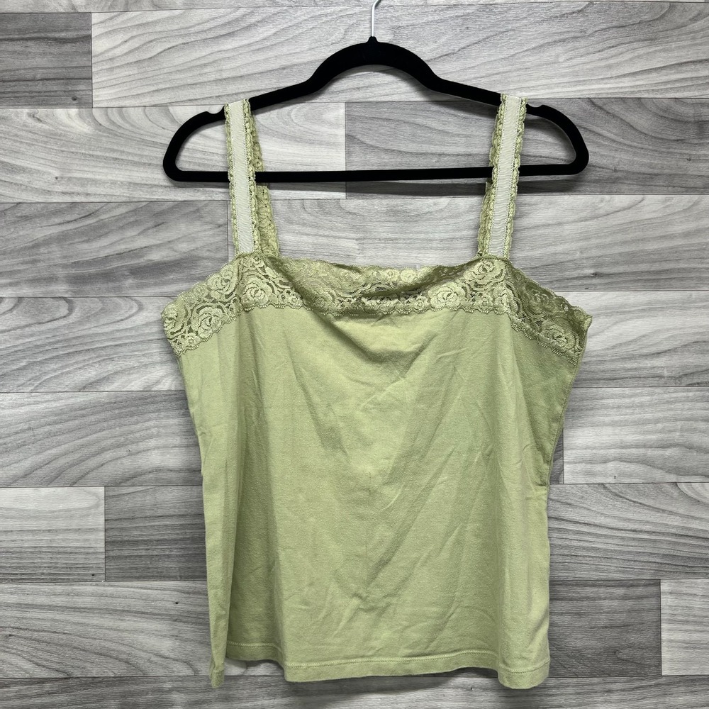 Avenue Camisole Top Women's Size 14/16 Green Cotton Lace Trim Sleeveless Stretch